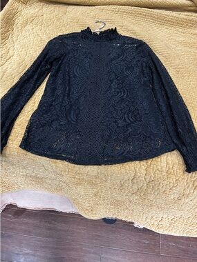Cable & Gauge Black Lace Long-Sleeve Mock Neck Blouse